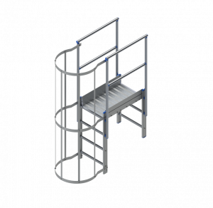 A ladder cage extended above the rooftop landing